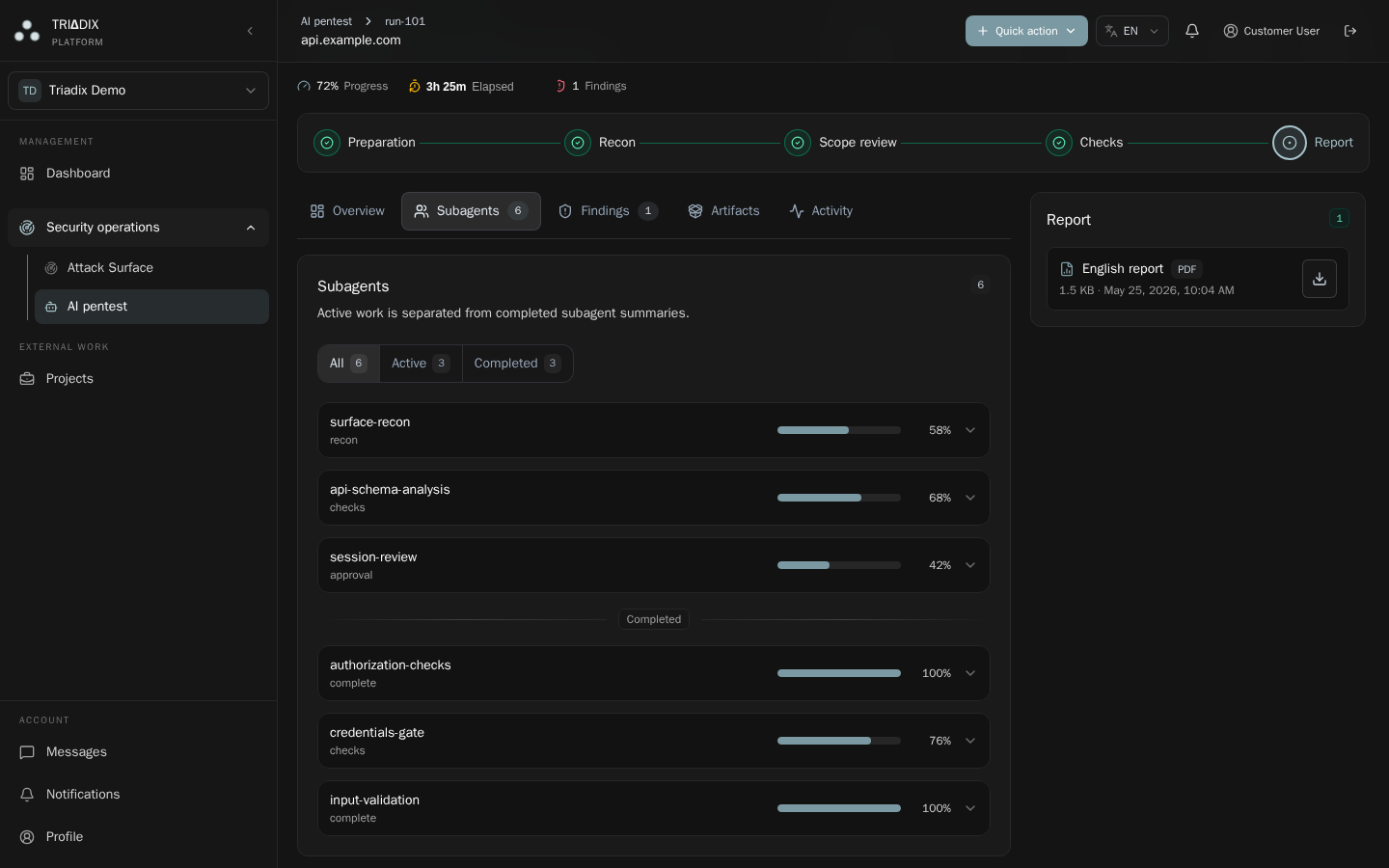 Triadix AI Pentest run screen with status, agents, and event history